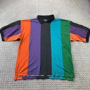 Vintage Polo Shirt Men Large L Purple Black Blue Green Orange Stiped 90s Casual